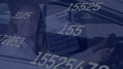 Animation-of-numbers-over-caucasian-woman-sitting-in-a-car-against-calculator-falling-over-documents