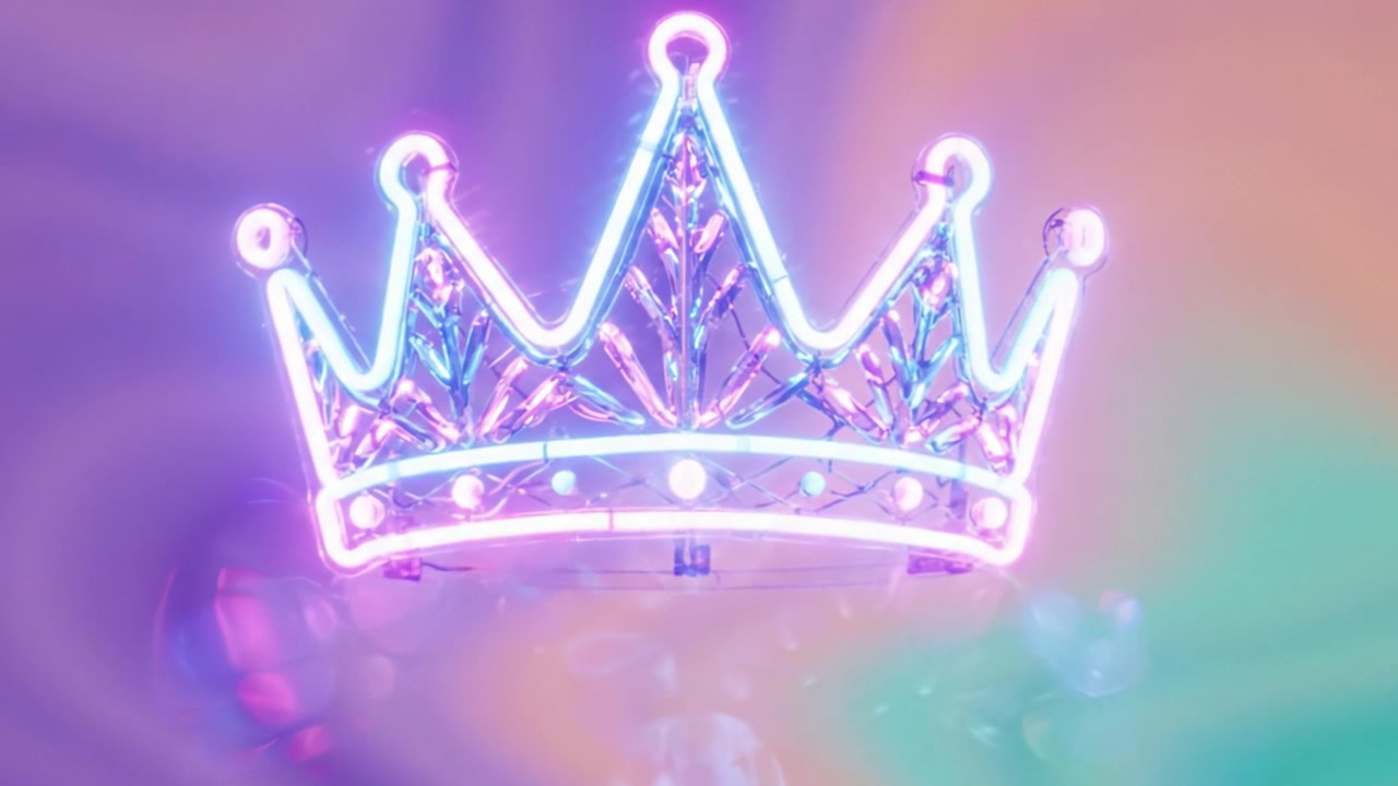 Un affichage époustouflant d'élégance : une couronne néon vibrante illuminée sur un fond coloré tourbillonnant, symbolisant la royauté et la célébration artistique.