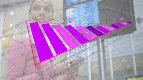 Business professional woman holding smartphone examining business data bar chart with network nodes