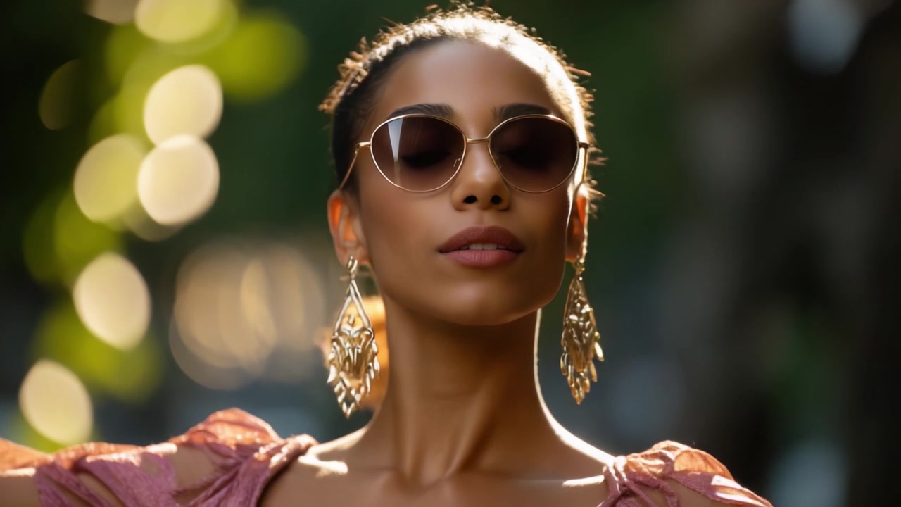Elegante ritratto di una donna che indossa occhiali da sole e orecchini eleganti su uno sfondo bokeh sfocato, enfatizzando moda e bellezza in un ambiente naturale.