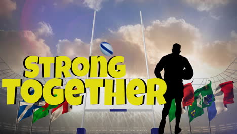 animación de texto fuerte junto con la silueta del jugador de rugby en el estadio
