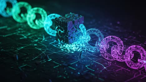 a stunning visualization of digital transformation featuring broken chains, a cubic structure, and abstract neon colors in a futuristic setting