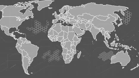 animation of world map and icons on grey background