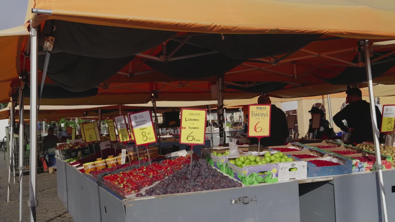 Organic market with fresh produce for sale in Helsinki, Finland