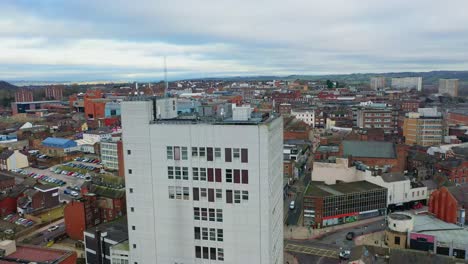 aerial views of the main town in the potteries stoke on trent, hanley the city centre with high rise buildings and a beautiful city landscape, immigration housing and high rise flats