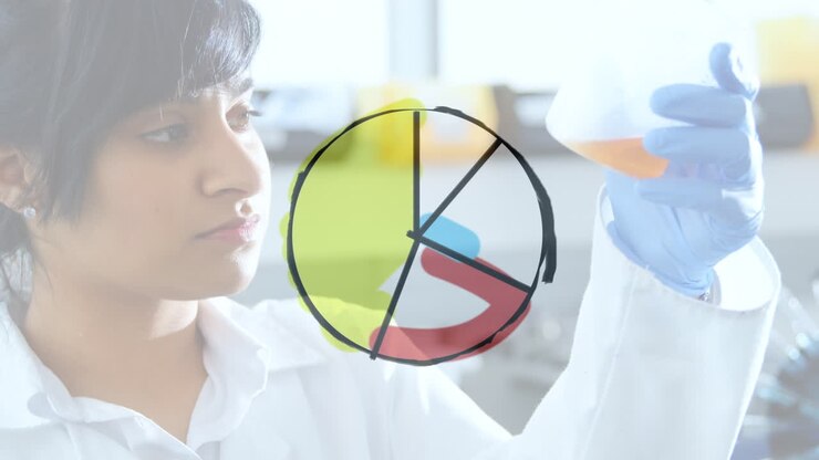 Animazione di un diagramma che si disegna su una scienziata birazziale in laboratorio.