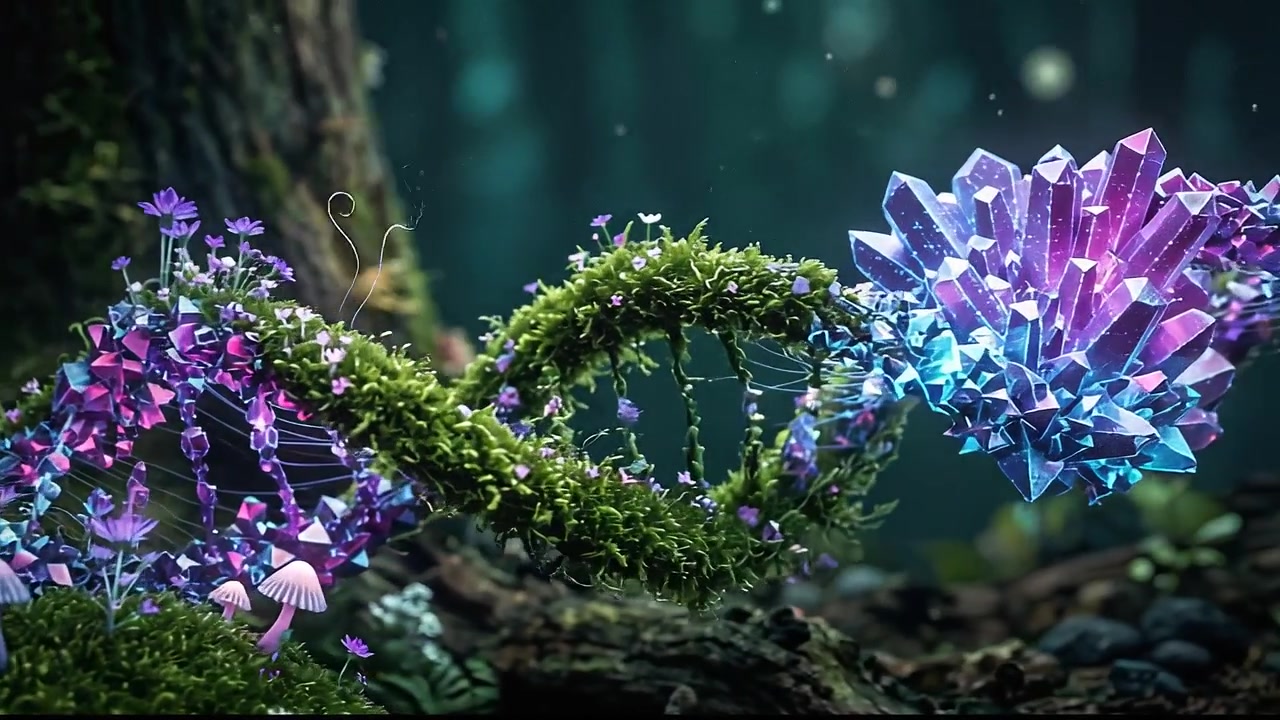 Abstract Glowing DNA Strand Double Helix Animation in Mystical Forest Environment