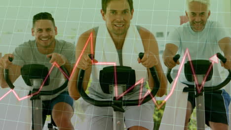 men cycling on stationary bikes with financial graph animation overlay
