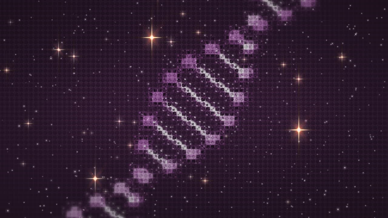 검은 바탕에 빛나는 별 위에서 회전하는 dna 가닥의 애니메이션