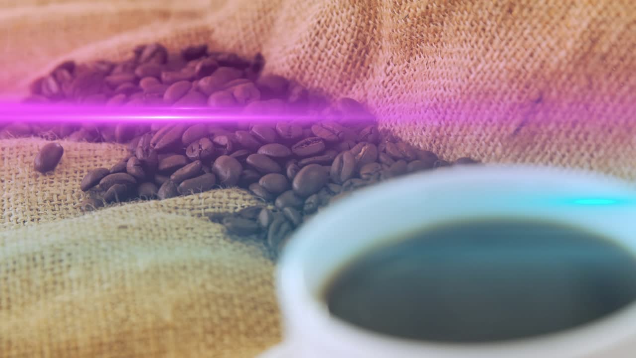 Neon-pink streak gliding driving camera forward revealing white cup against blurred coffee beans