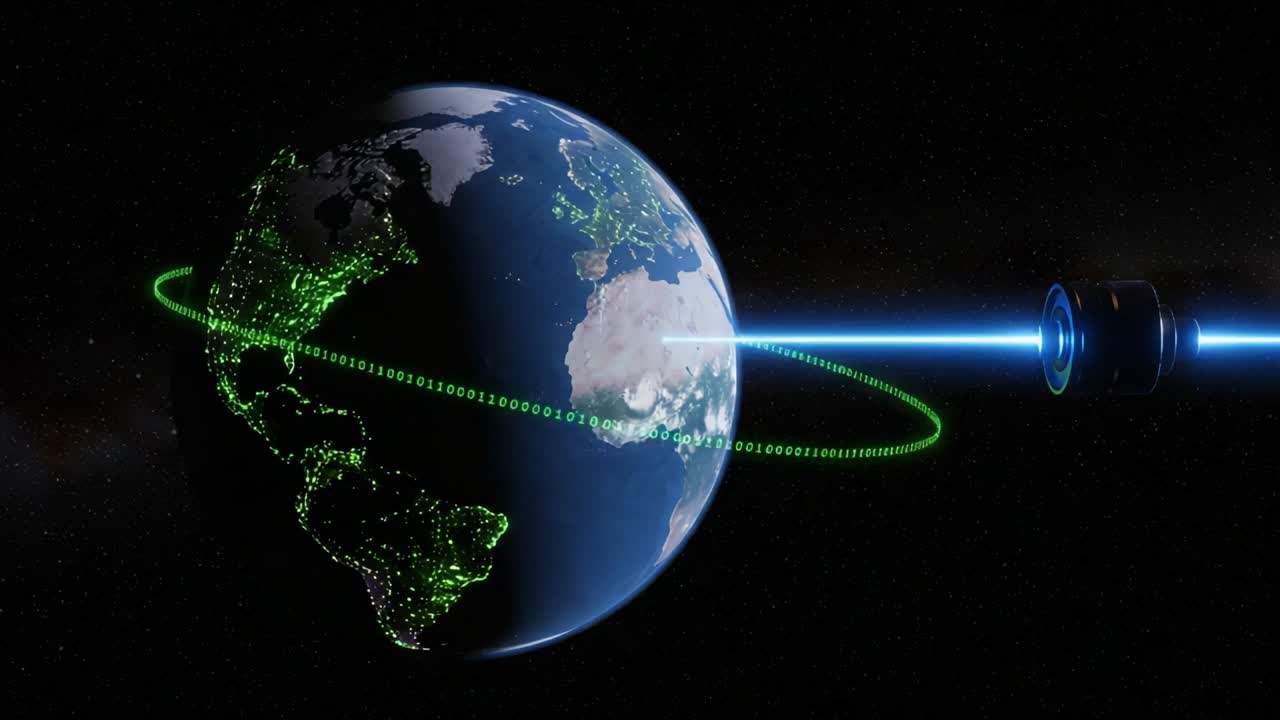 A Stunning Visual of Earth Surrounded by a Digital Network, Emitting a Beam of Light, Showcasing the Intersection of Technology and Our Planet in a Cosmic Landscape