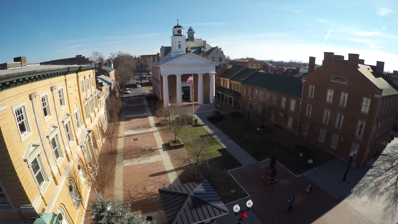 Aerial view of a courthouse square in a town