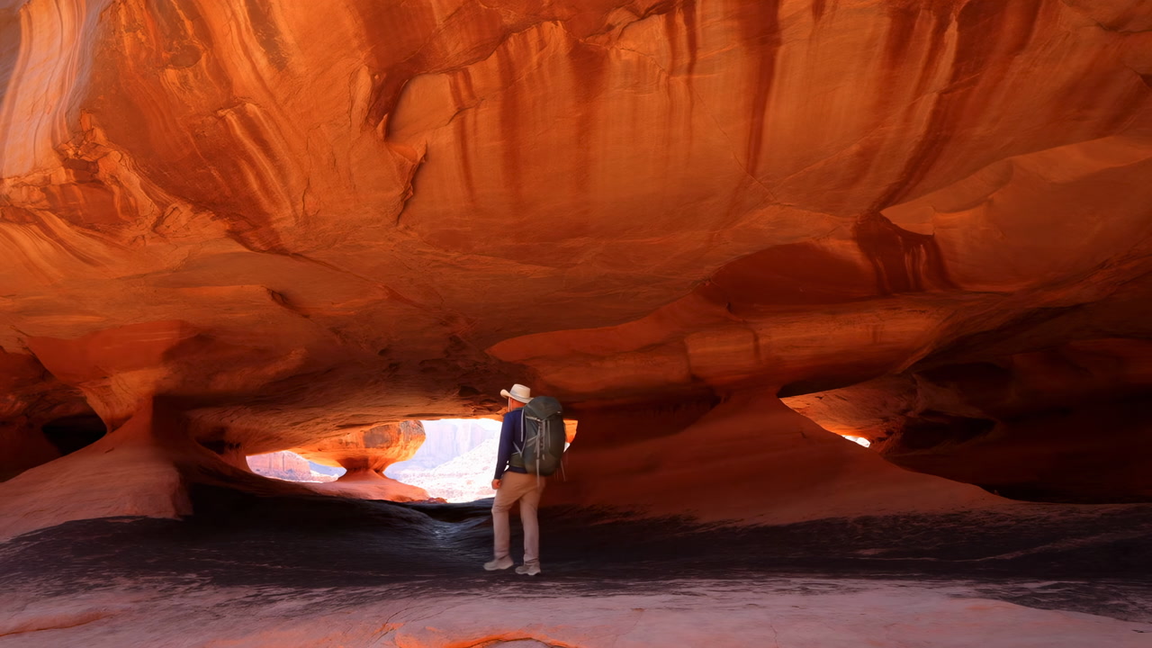 Caucasian Hiker In Red Sandstone Cave Exploring Warm Orange Interior With Backpack And Wide Brim Hat, Natural