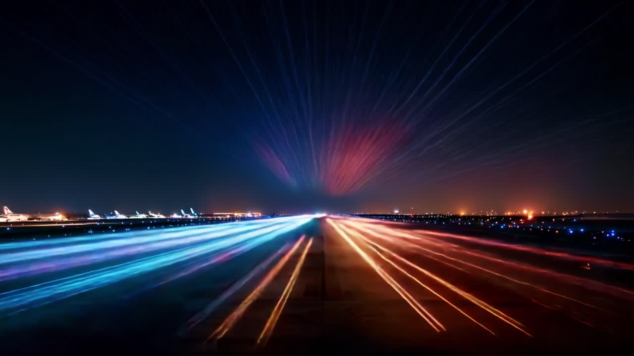 Dynamic Light Trails on an Airport Runway Captured in a Stunning Nighttime Scene Featuring Blurred Movement and Vibrant Colors of Air Traffic in Action