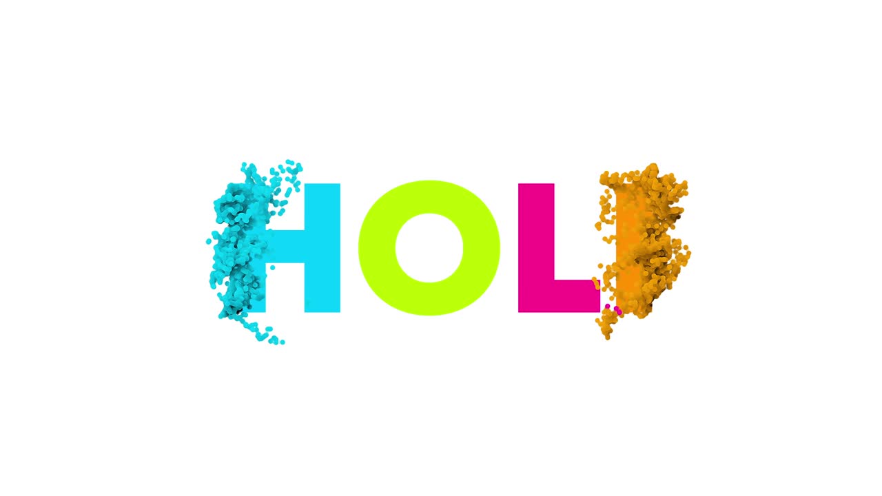 Holi celebration. Color powder explosion isolated on black background. Holi letters