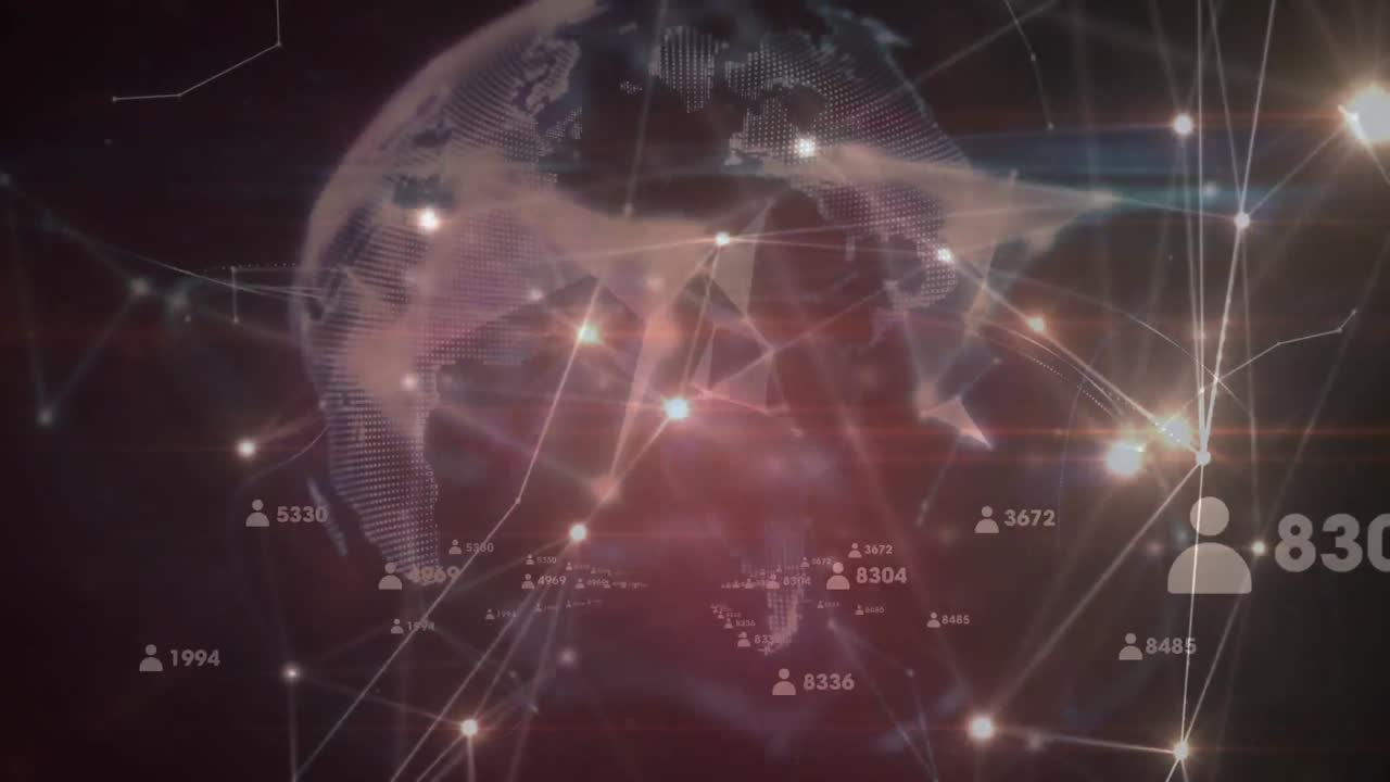 Animation of globe with network of connections with glowing spots and people icons with numbers