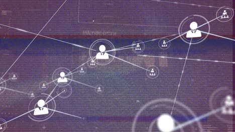 animación de error distorsionado, icono de personas digitales que se conectan con líneas sobre datos y gráficos en movimiento