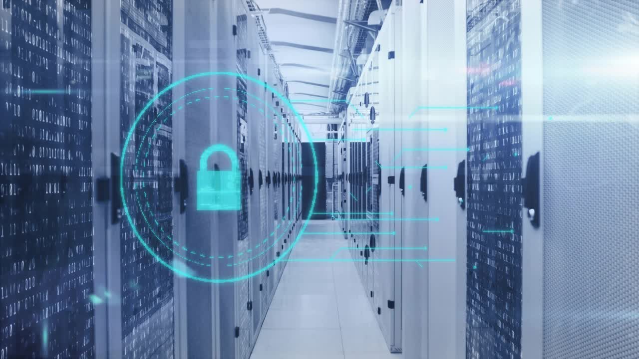 Padlock icon materializing and pulsing on overlay as data streams gliding showing secure access