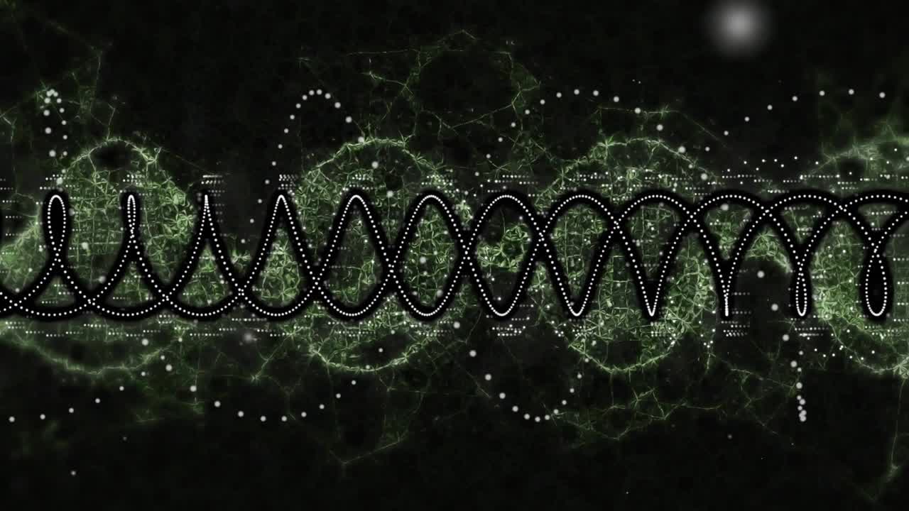 White dotted sine wave oscillating across void starting green network nodes pulsing showing data