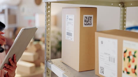 hand, scanner and box with barcode in warehouse