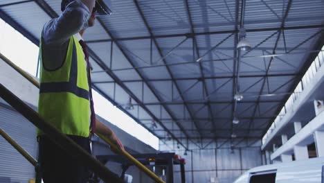 warehouse worker wearing vr headset 4k