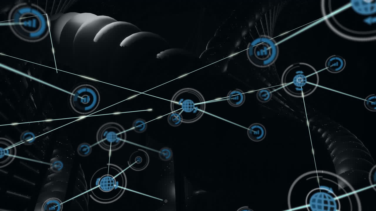 Network of connections and data processing animation over DNA strand background