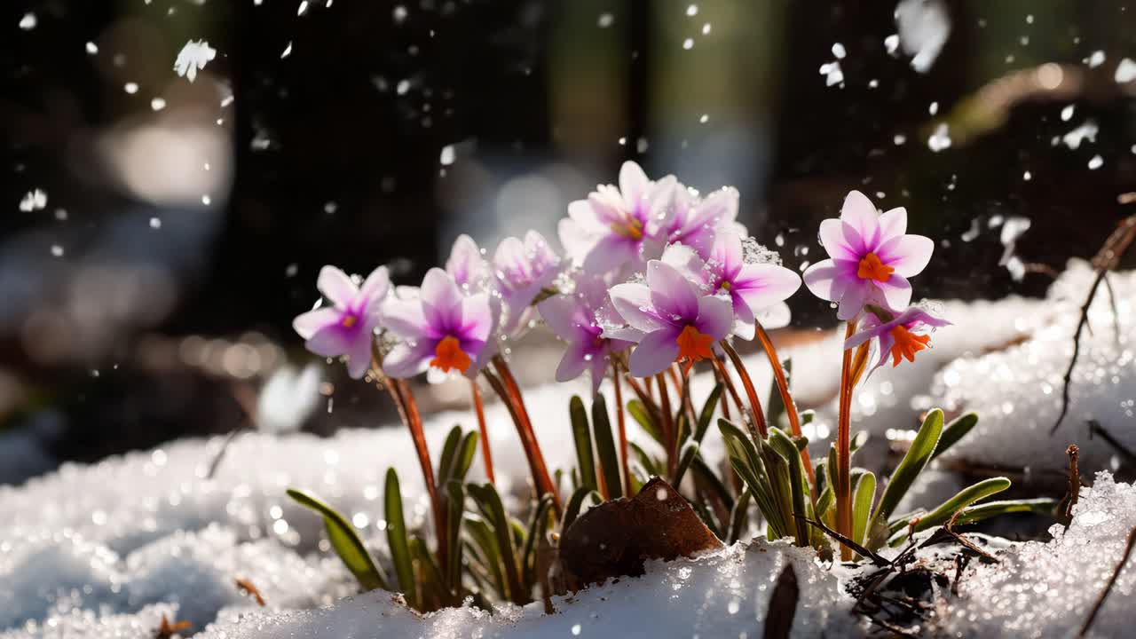 Delicate pink flower petals emerging through melting snow, capturing fragile beauty of springtime transformation with gentle snowflakes drifting around soft blossoms