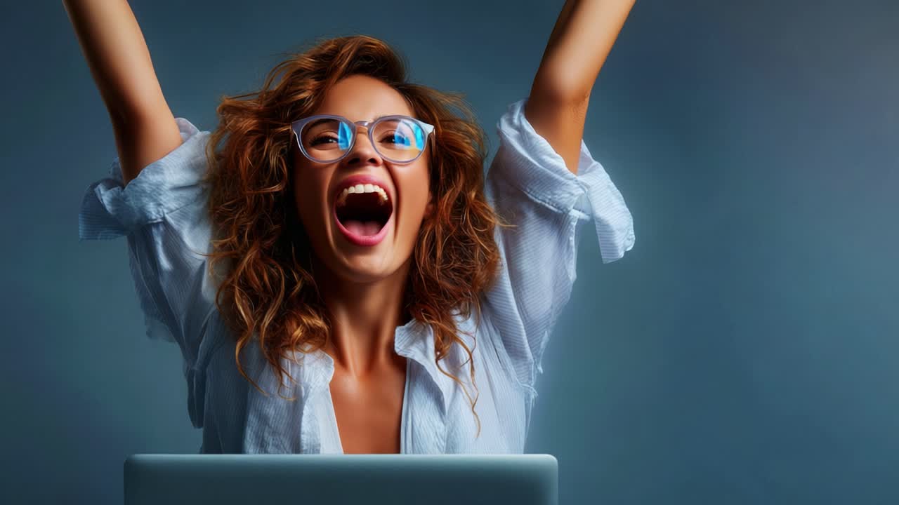 Young woman expressing joy and excitement in front of her laptop, showcasing a moment of celebration or achievement, conveying positivity and enthusiasm for her work or hobbies