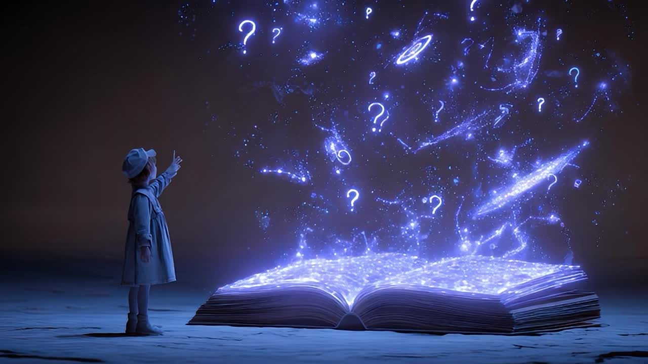 Un bambino è in piedi davanti a un libro luminoso con domande fluttuanti nell'aria.