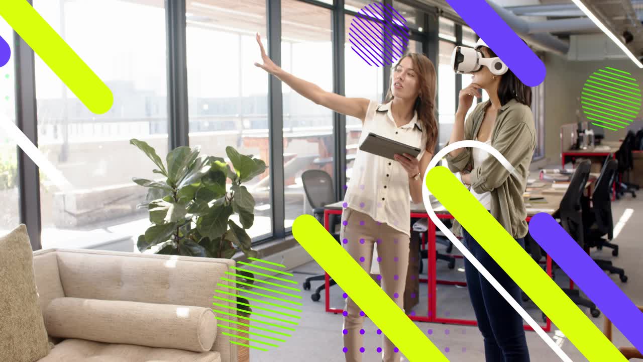 Tablet-holding woman guiding, VR-wearing woman reaching to test technology demo graphic overlays