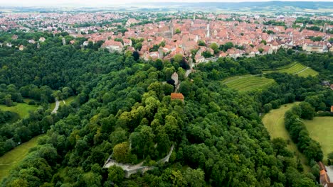 4k aerial drone video of the beautiful castle garden grounds in the foreground with the bavarian walled city of rothenburg, germany in the background