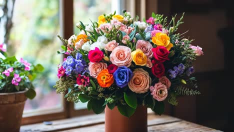 un jarrón lleno de flores de colores sentado en una mesa de madera