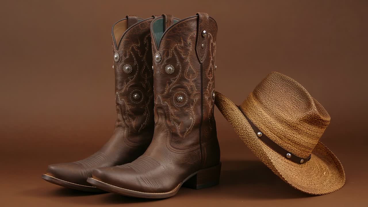Recording leather cowboy boots and straw hat at studio showcasing stitching, conchos and hatband