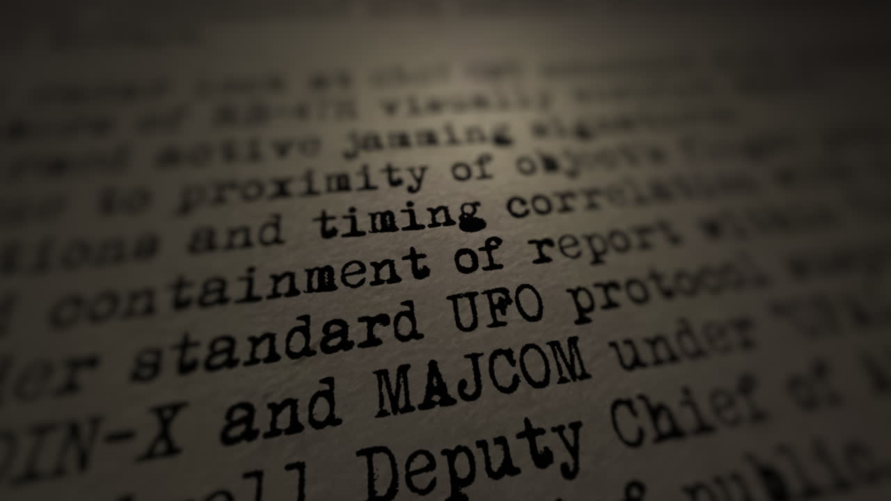 Spotlight zoom reveals retro typewritten UFO encounter witness report