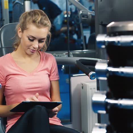 Eine-Junge-Frau-Benutzt-Ein-Tablet-Im-Fitnessstudio