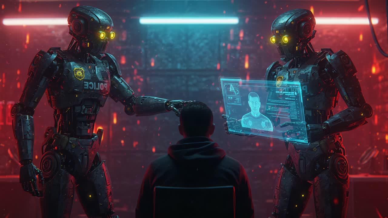 A futuristic depiction of humanoid robots interacting with a human, showcasing advanced technology and holographic displays in a sci-fi environment, highlighting themes of AI and automation