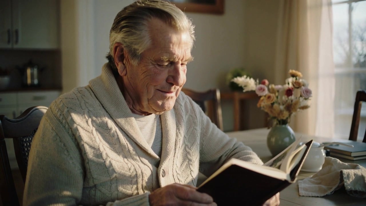 Opening album, senior man in cardigan flipping pages at dining table, smiling, remembering family