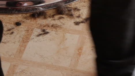 shoes of the barber in a barber shop with cut hair scattered on the floor