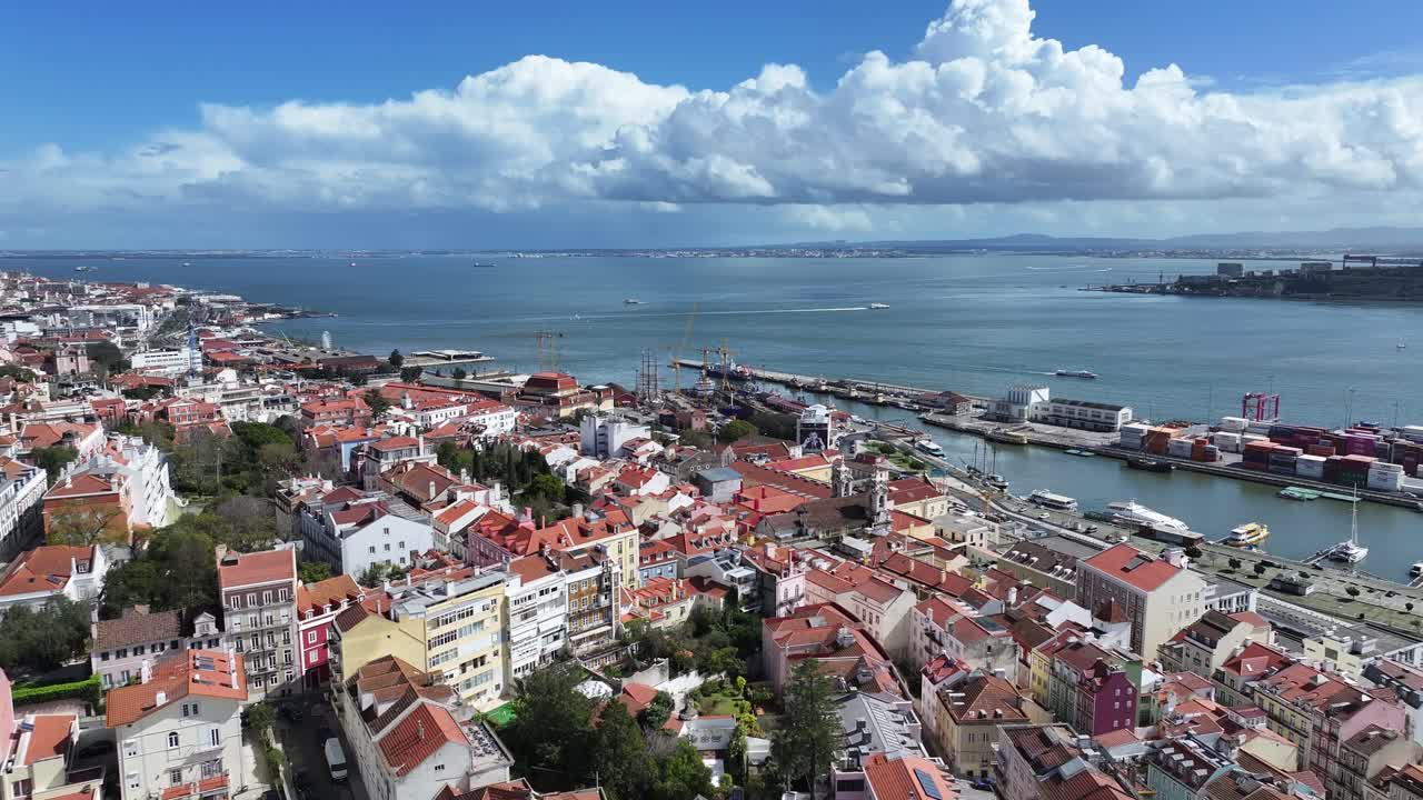 Lisbon Skyline At Lisbon In District Of Lisbon Portugal. Coastline Scenery. Beautiful Cityscape. Lisbon Skyline At Portugal. Cais Do Sodre Landscape. Tourism Landmark