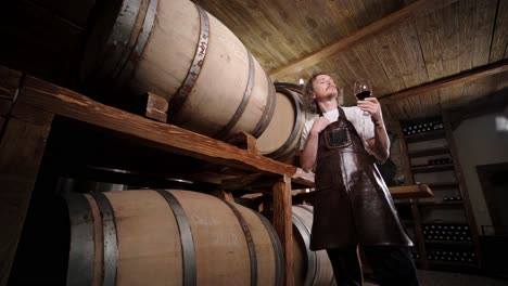 la toma auténtica de un sommelier masculino exitoso es degustar un sabor y comprobar la calidad del vino blanco vertido en vidrio transparente en una bodega de vino.