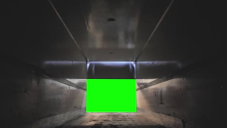 garage door opening from warehouse dock to truck with green screen effect