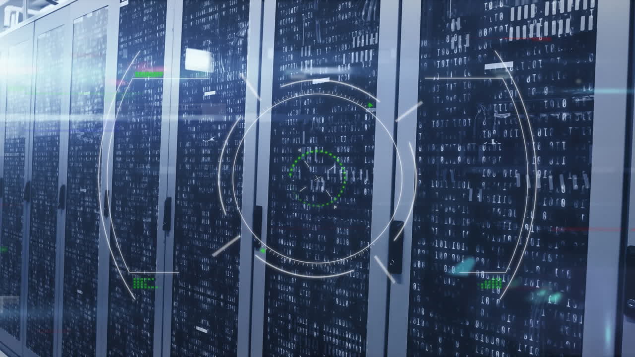 animación del escaneo del alcance y el procesamiento de datos en la sala técnica con servidores informáticos
