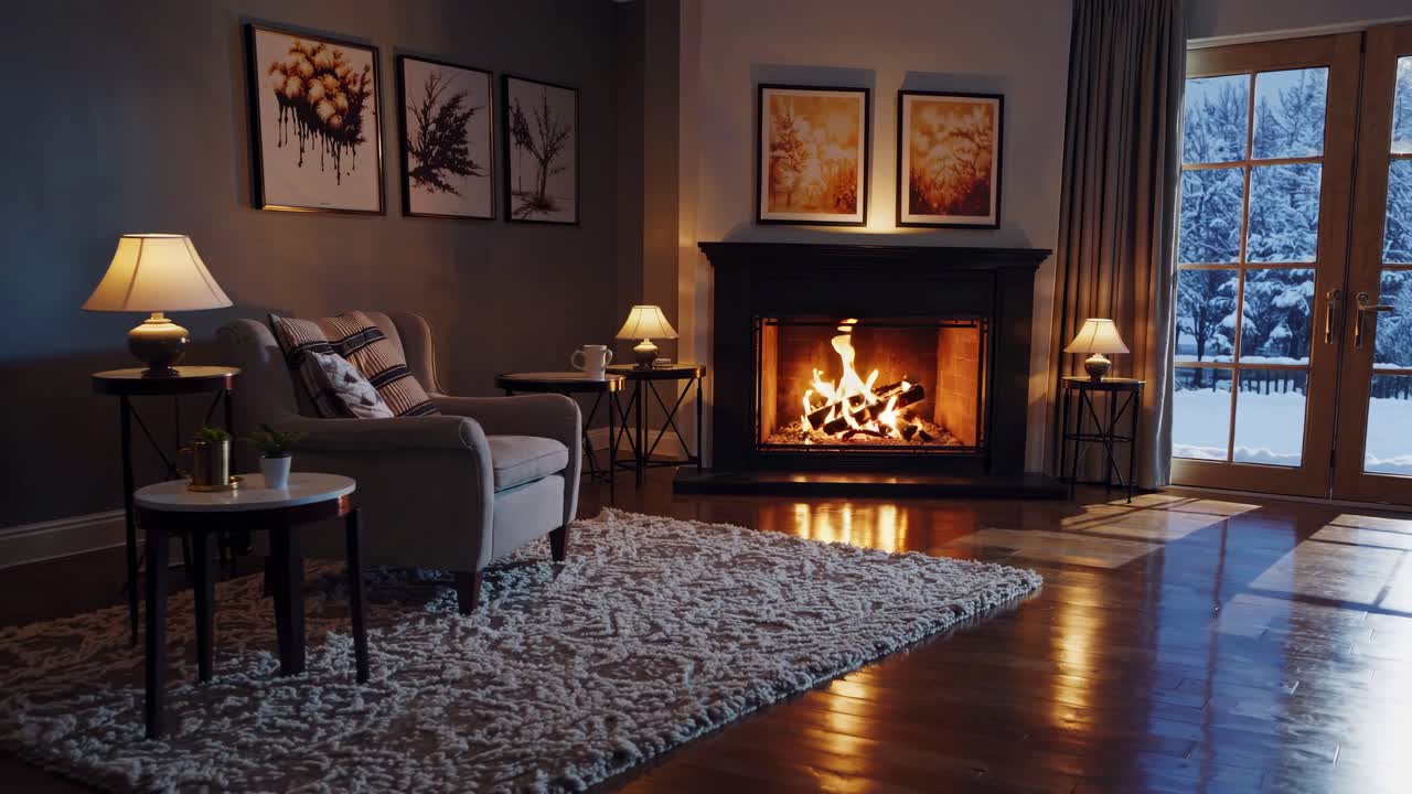 Cozy living room with a fireplace, armchair, and warm lighting. Captured from a low angle, perfect