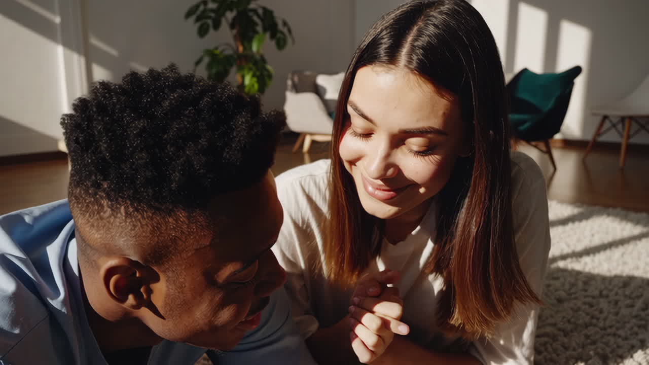 Interracial Couple Relaxing Together on a Sunny Floor