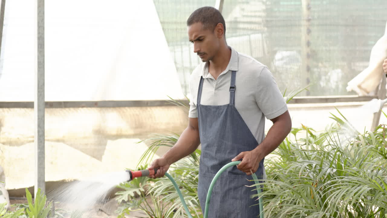 Gardener watering plants in greenhouse, nurturing growth with care and dedication