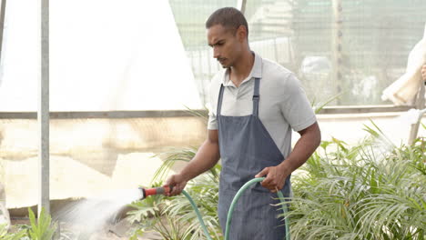 gardener watering plants in greenhouse, nurturing growth with care and dedication