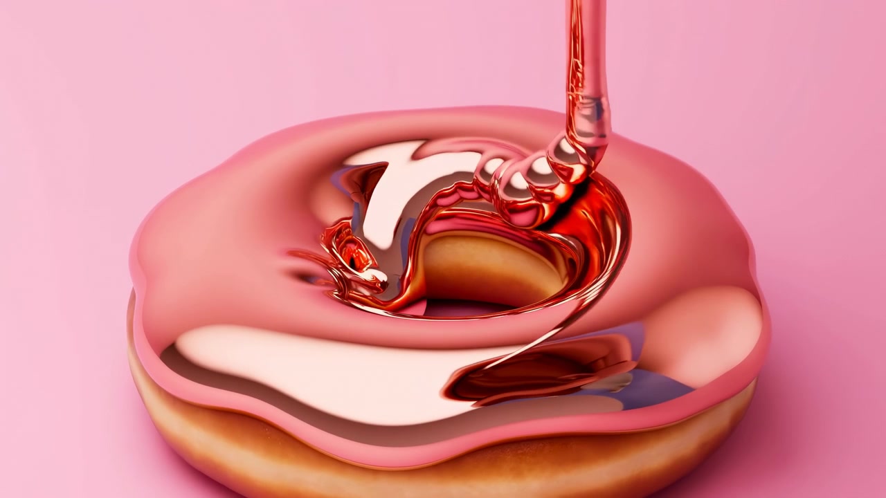 Primo piano di un dolce ad anello su sfondo rosa pastello mentre un liquido rosa metallico lucido si versa al centro, formando una pozza riflettente con leggere increspature, flusso liscio e luminosi punti luce dello studio, con ciambella.
