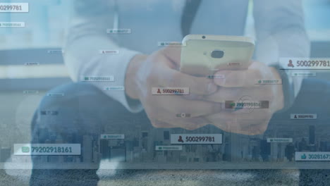 using smartphone with digital data overlay on cityscape, person exploring animation