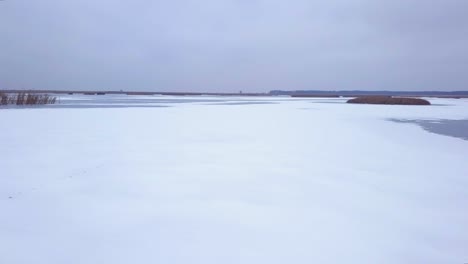 Aerial-view-of-frozen-lake-Liepaja-during-the-winter,-blue-ice-with-cracks,-dry-yellowed-reed-islands,-overcast-winter-day,-low-wide-drone-shot-moving-fast-forward