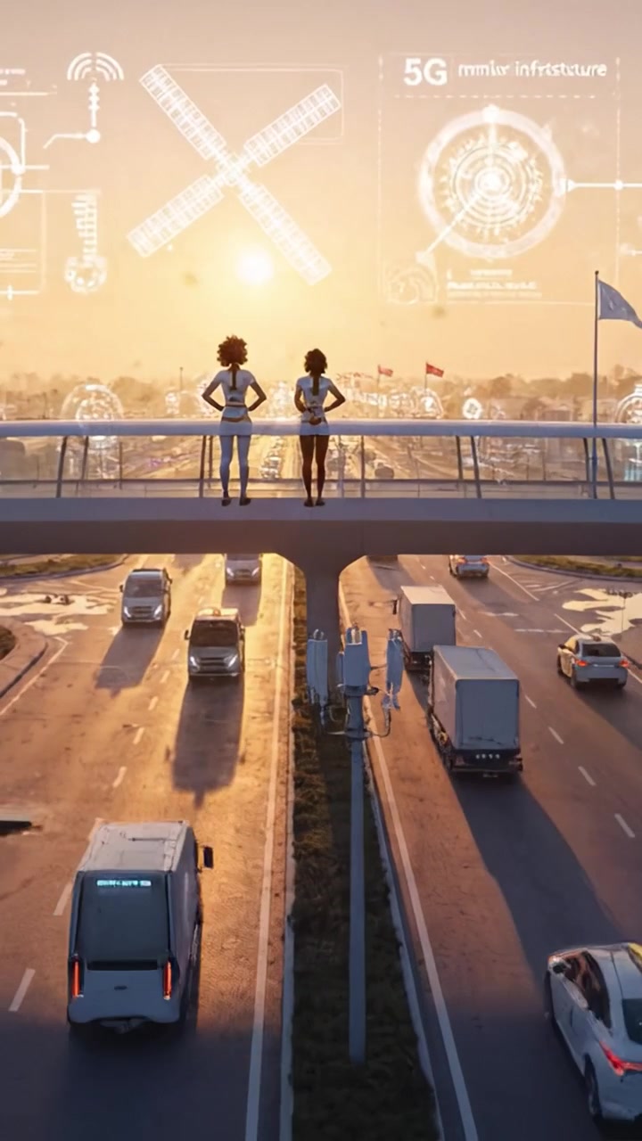 Innovative Smart City with Connected Transportation: Overhead View of Vehicles Utilizing V2V Communication Technology in a Modern Urban Environment
